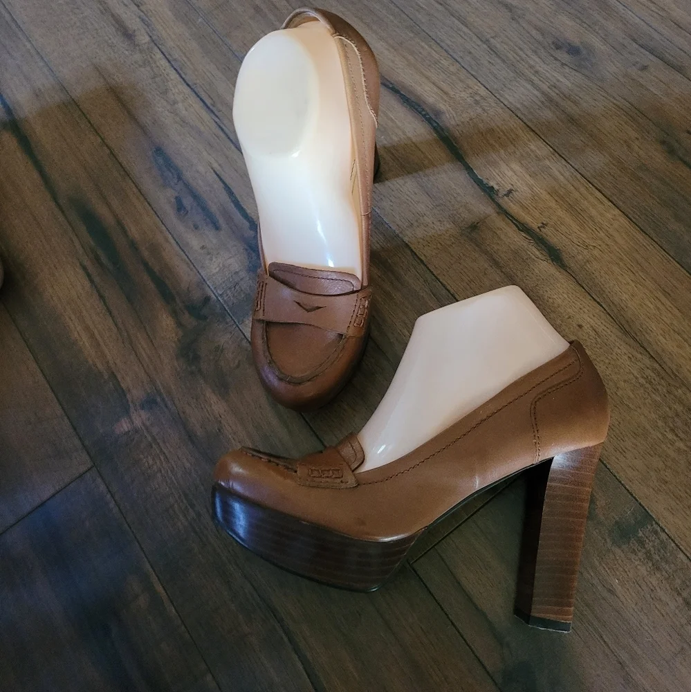 Marc Fisher Keeps Brown Leather Penny Loafer‎ Platform Heels